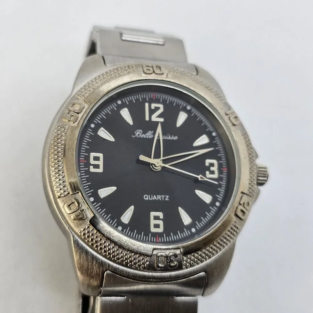 Belle Suisse 38MM Men's Watch Black Dial Gray Band Mineral Crystal 8